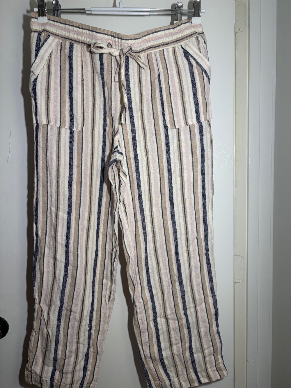 Men's Striped Drawstring Pants - Beige & Navy